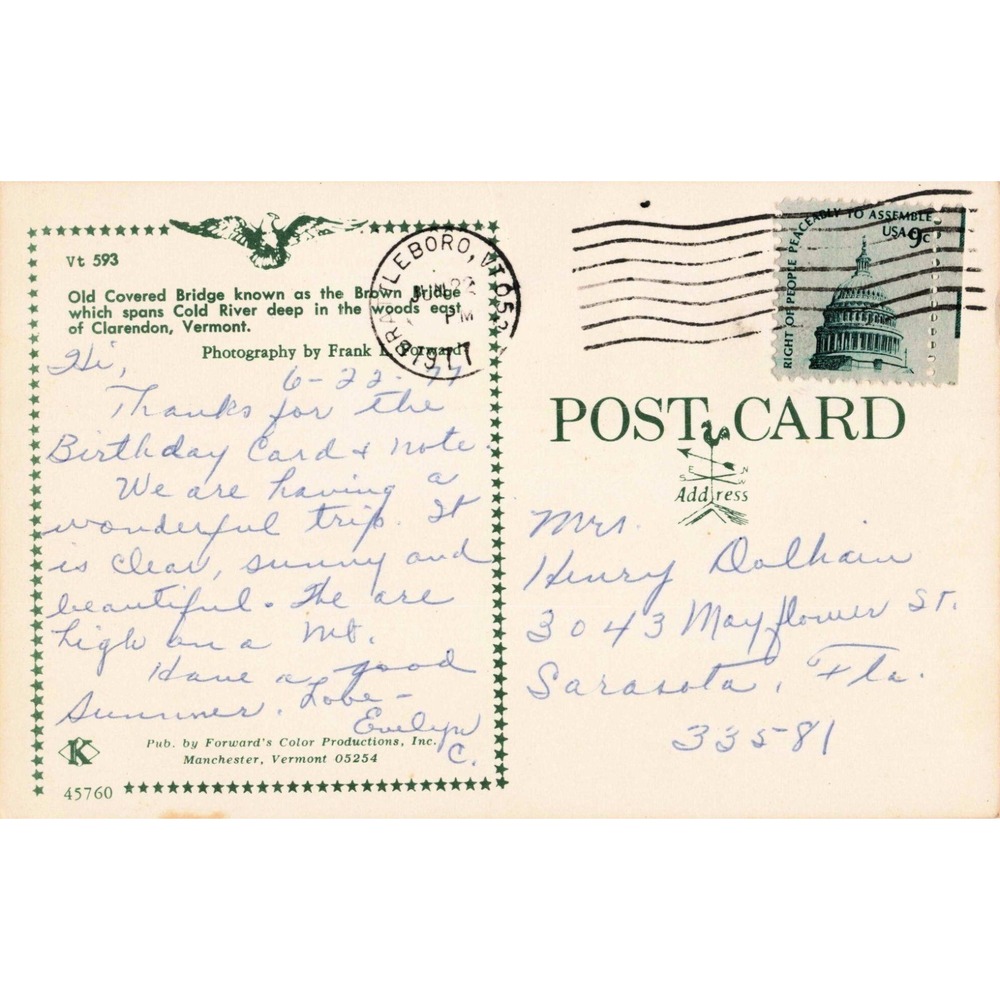Vintage Brown Covered Bridge Clarendon Vermont Postcard Cold River Frank Forward - Picture 2 of 2